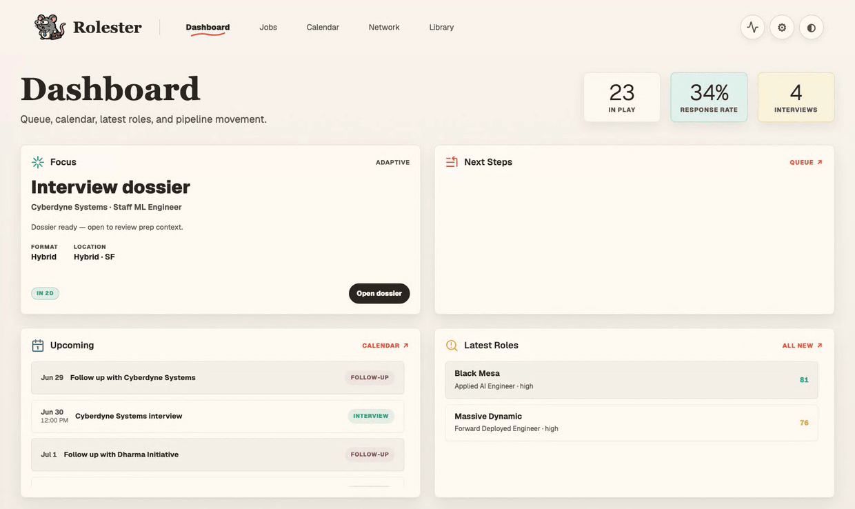 A tour of the Rolester dashboard — command center, jobs funnel, calendar, and evidence library